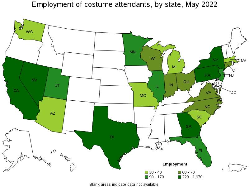 Map of employment of costume attendants by state, May 2022