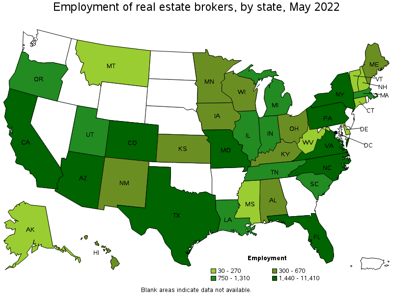 Map of employment of real estate brokers by state, May 2022