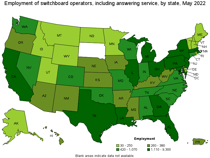 Map of employment of switchboard operators, including answering service by state, May 2022