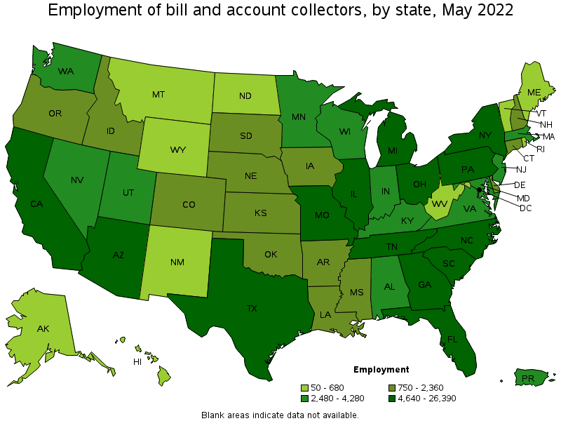 Map of employment of bill and account collectors by state, May 2022