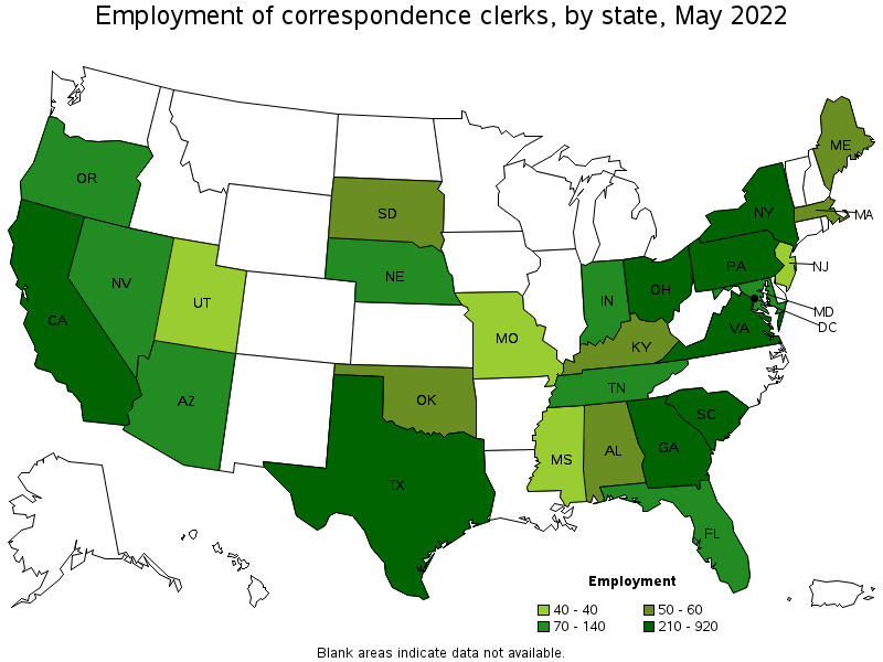 Map of employment of correspondence clerks by state, May 2022