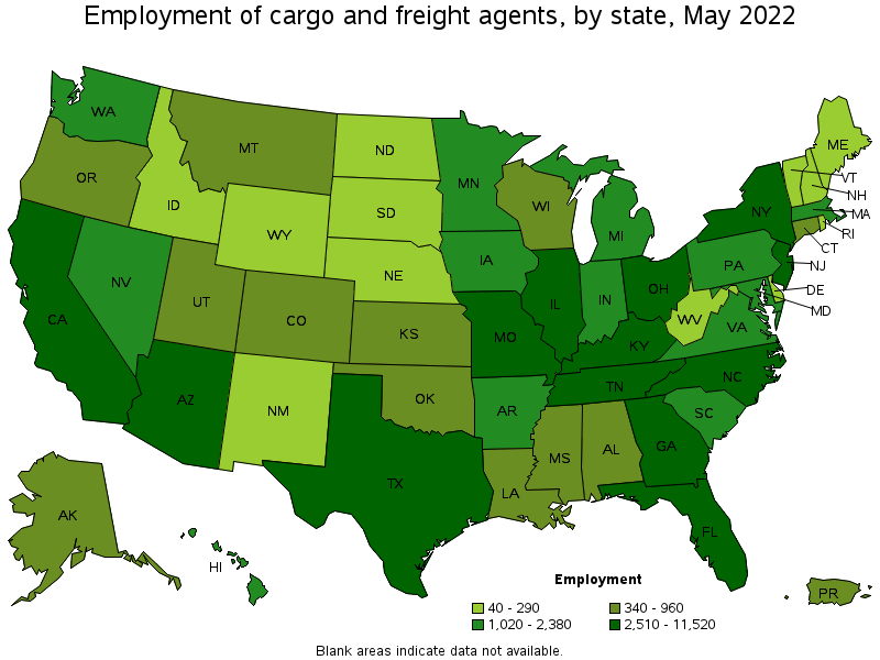 Map of employment of cargo and freight agents by state, May 2022