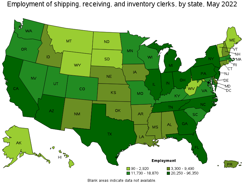 Map of employment of shipping, receiving, and inventory clerks by state, May 2022