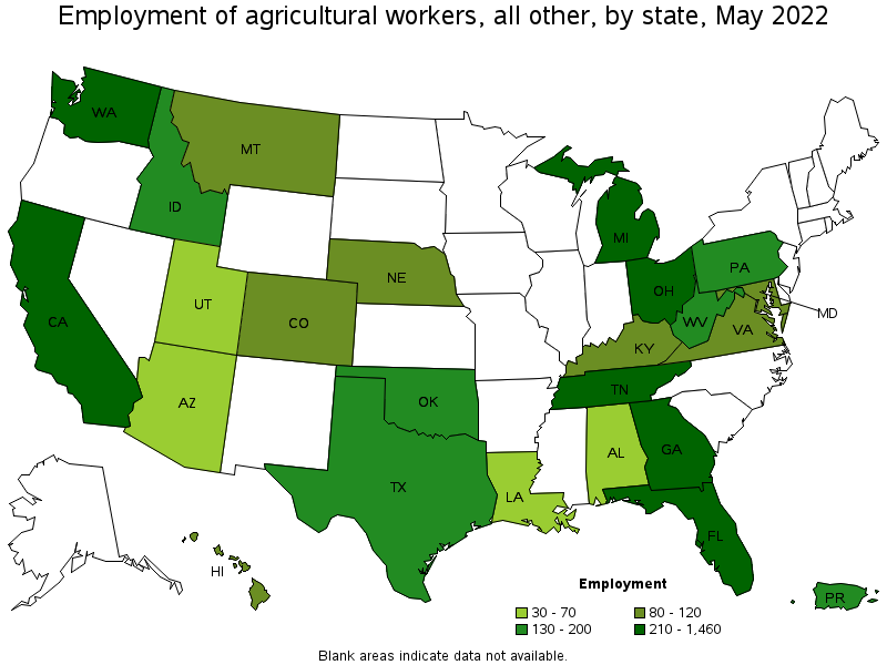 Map of employment of agricultural workers, all other by state, May 2022