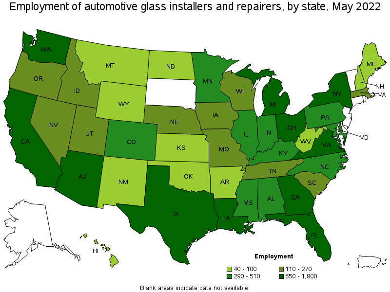 Map of employment of automotive glass installers and repairers by state, May 2022