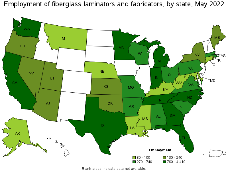 Map of employment of fiberglass laminators and fabricators by state, May 2022