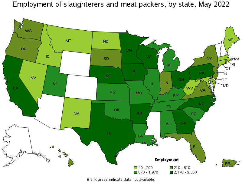 Map of employment of slaughterers and meat packers by state, May 2022