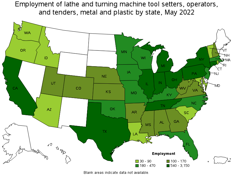 Map of employment of lathe and turning machine tool setters, operators, and tenders, metal and plastic by state, May 2022