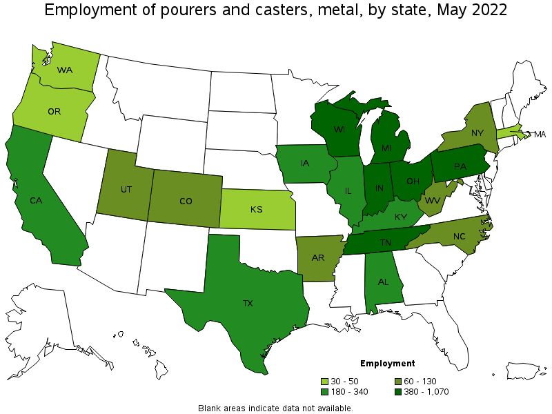 Map of employment of pourers and casters, metal by state, May 2022