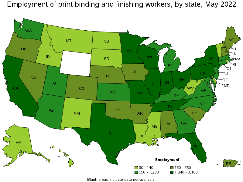 Map of employment of print binding and finishing workers by state, May 2022