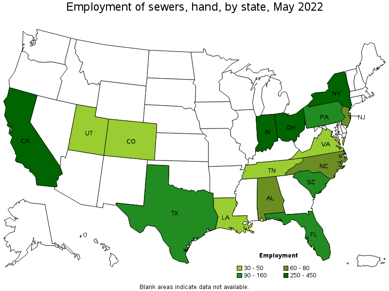 Map of employment of sewers, hand by state, May 2022