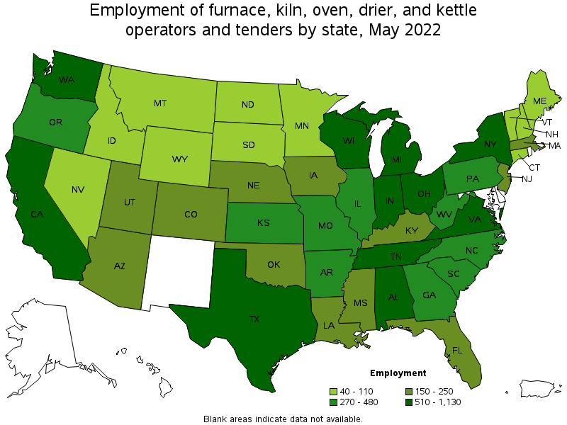 Map of employment of furnace, kiln, oven, drier, and kettle operators and tenders by state, May 2022
