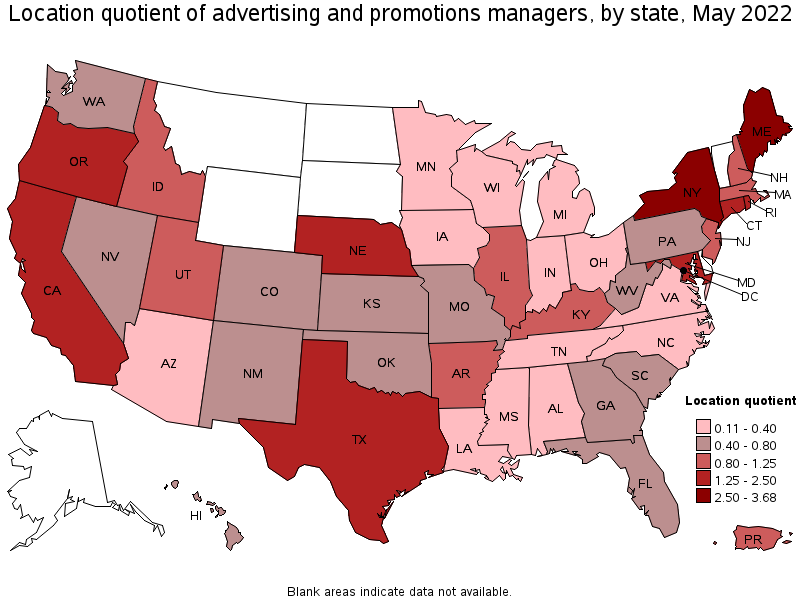 Map of location quotient of advertising and promotions managers by state, May 2022