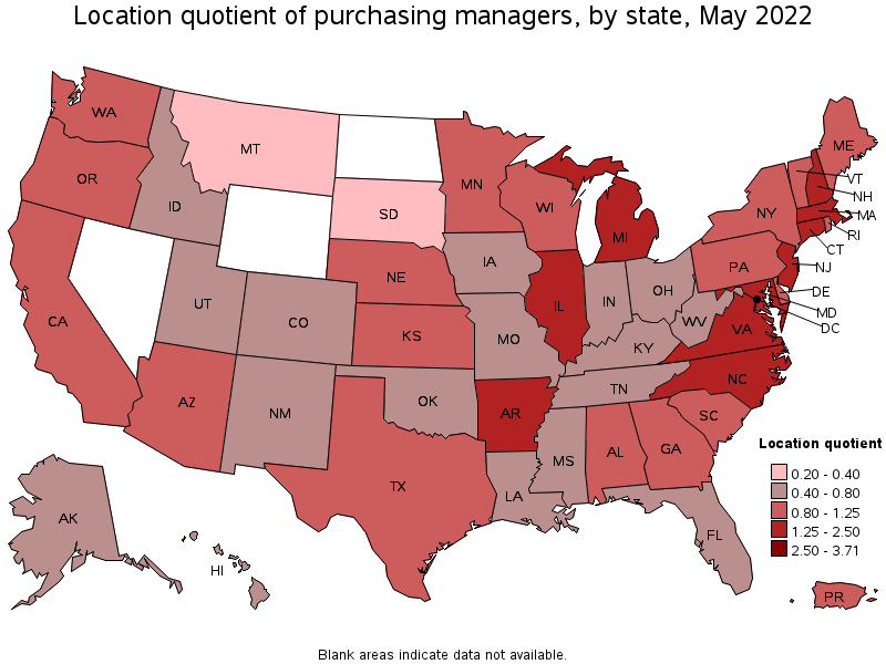 Map of location quotient of purchasing managers by state, May 2022