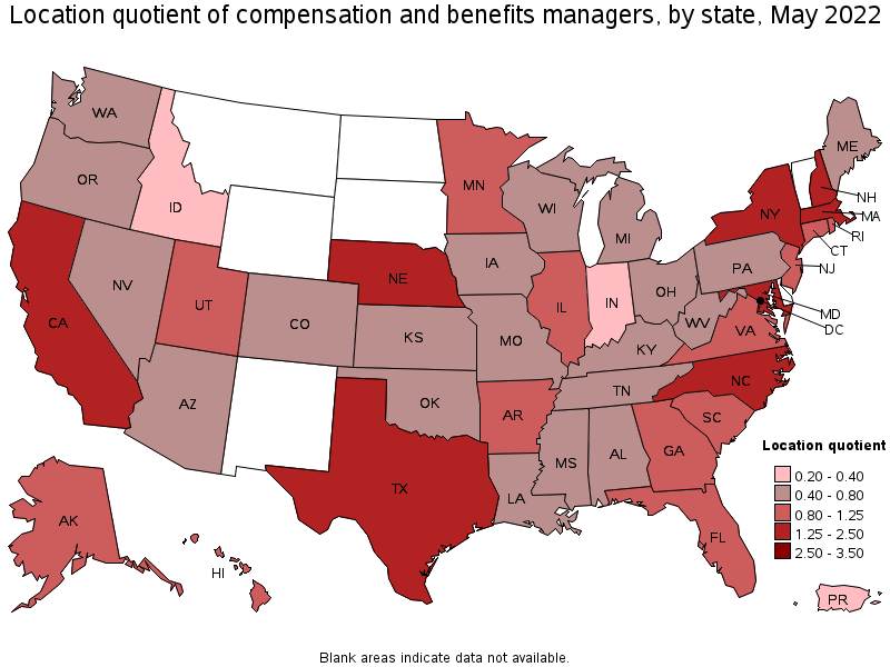 Map of location quotient of compensation and benefits managers by state, May 2022