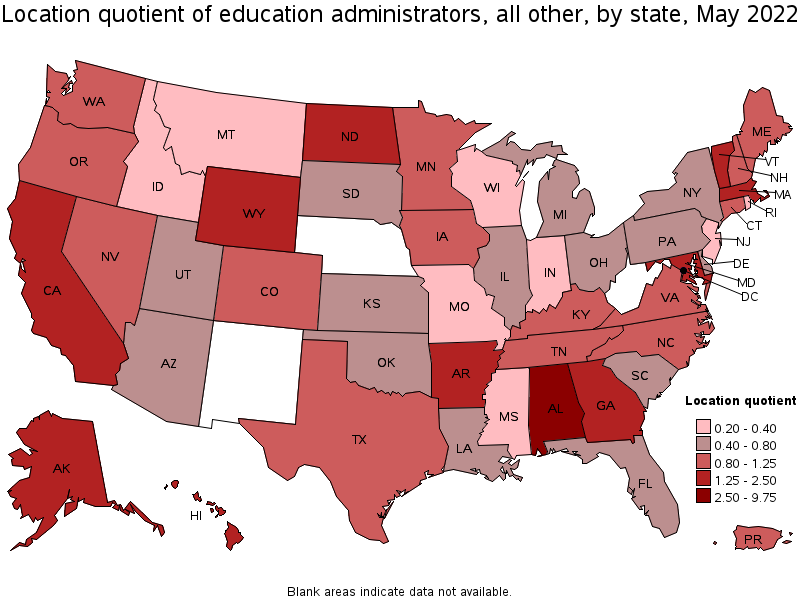 Map of location quotient of education administrators, all other by state, May 2022