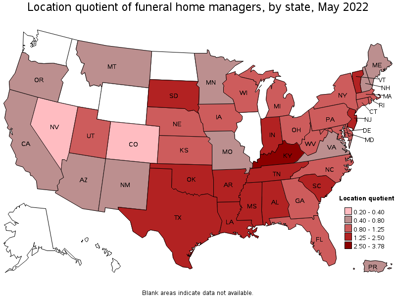 Map of location quotient of funeral home managers by state, May 2022