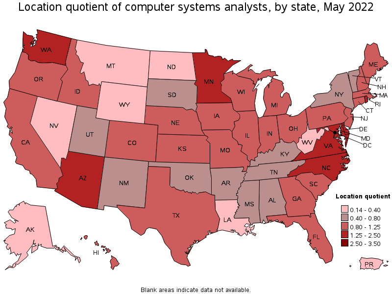Map of location quotient of computer systems analysts by state, May 2022
