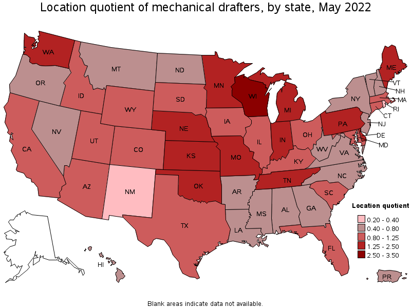 Map of location quotient of mechanical drafters by state, May 2022