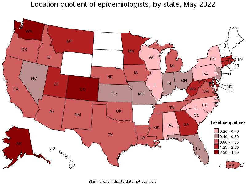 Map of location quotient of epidemiologists by state, May 2022