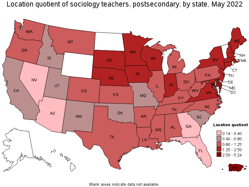Map of location quotient of sociology teachers, postsecondary by state, May 2022
