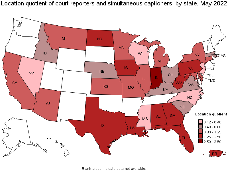 Map of location quotient of court reporters and simultaneous captioners by state, May 2022