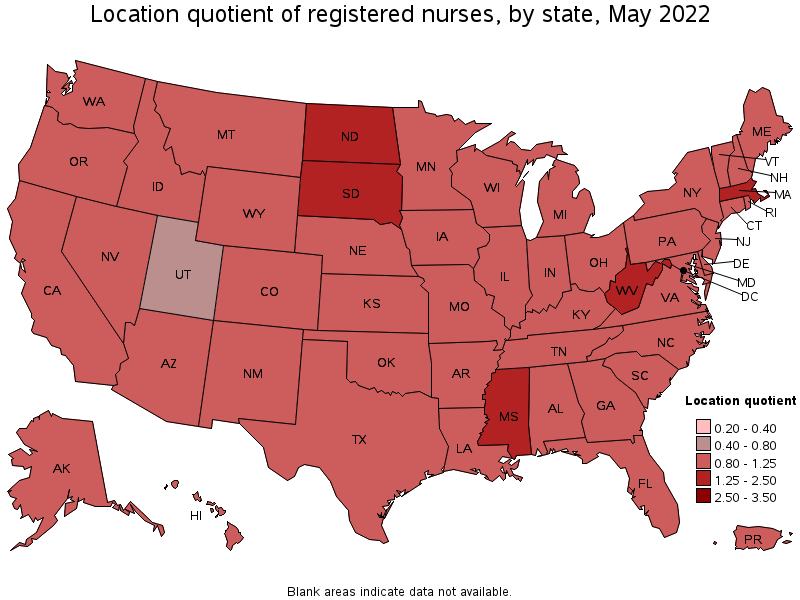Map of location quotient of registered nurses by state, May 2022