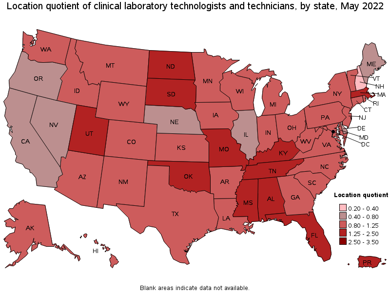 Map of location quotient of clinical laboratory technologists and technicians by state, May 2022