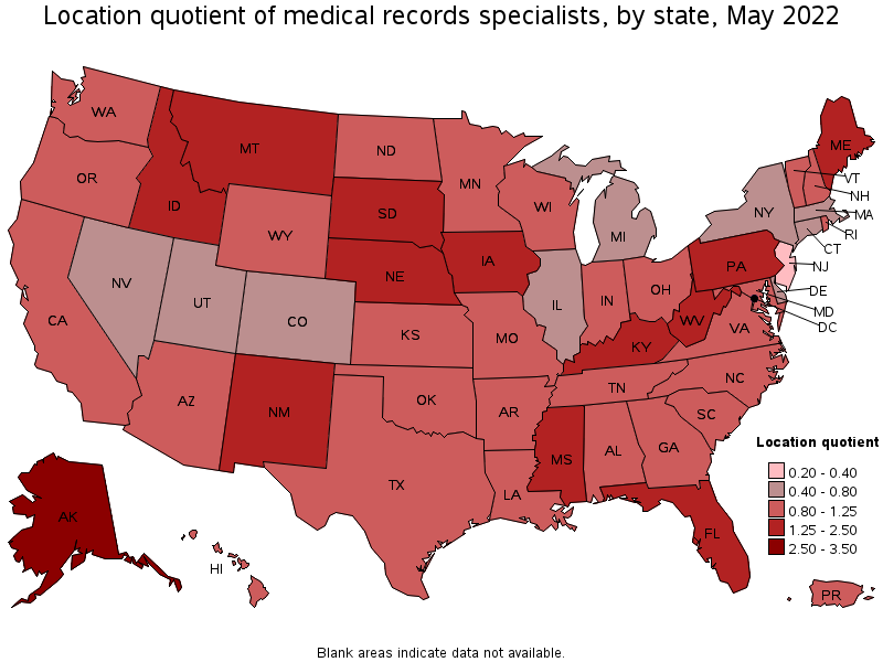 Map of location quotient of medical records specialists by state, May 2022