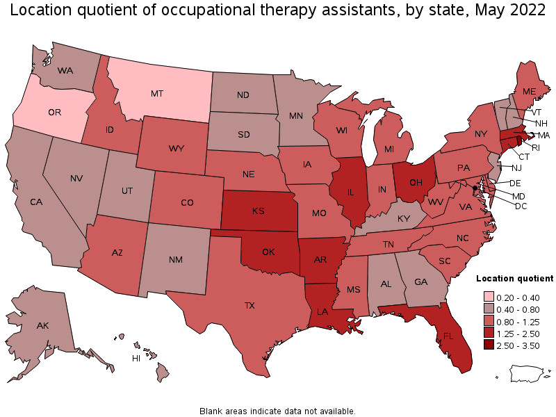 Map of location quotient of occupational therapy assistants by state, May 2022