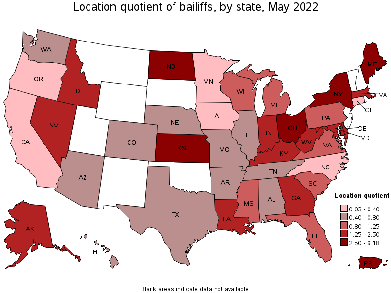 Map of location quotient of bailiffs by state, May 2022