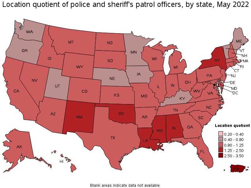 Map of location quotient of police and sheriff's patrol officers by state, May 2022