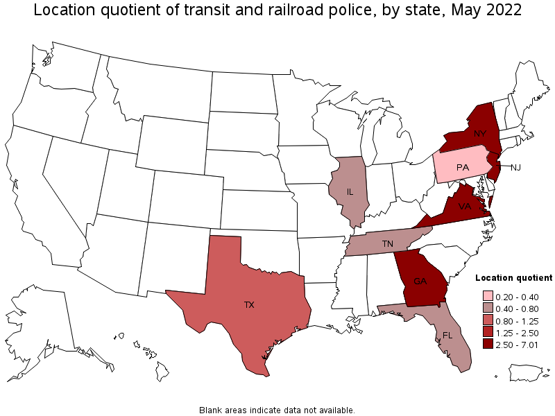 Map of location quotient of transit and railroad police by state, May 2022