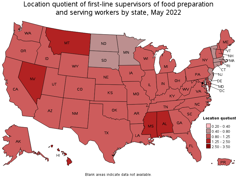 Map of location quotient of first-line supervisors of food preparation and serving workers by state, May 2022