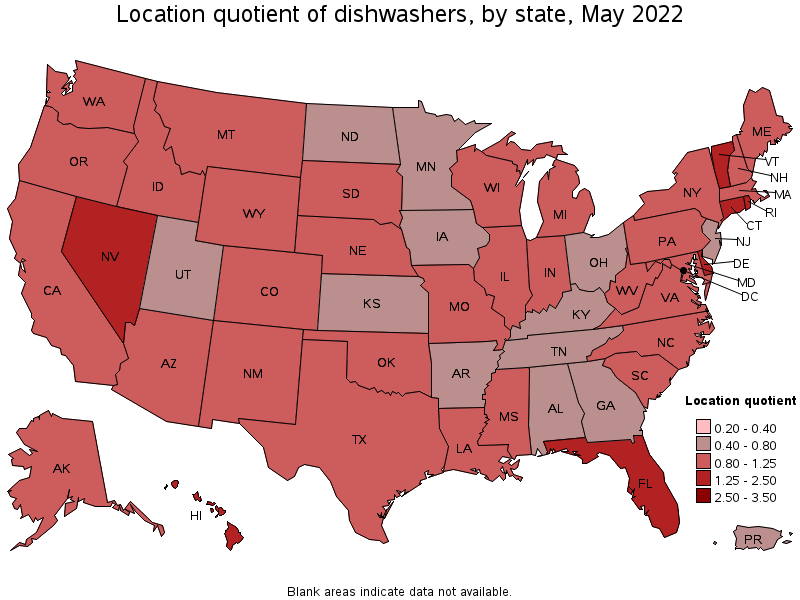 Map of location quotient of dishwashers by state, May 2022