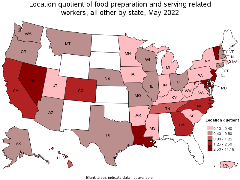 Map of location quotient of food preparation and serving related workers, all other by state, May 2022