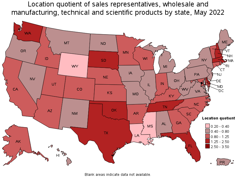 Map of location quotient of sales representatives, wholesale and manufacturing, technical and scientific products by state, May 2022