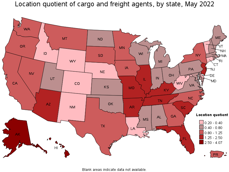 Map of location quotient of cargo and freight agents by state, May 2022