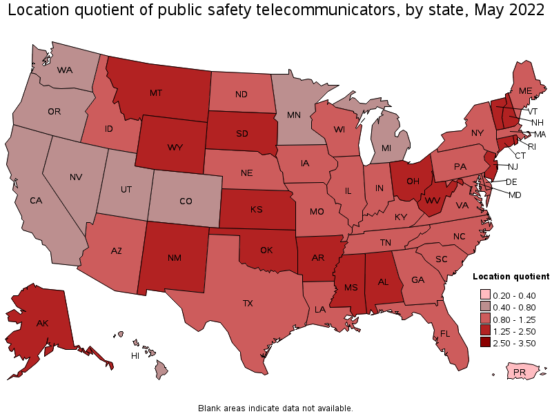 Map of location quotient of public safety telecommunicators by state, May 2022