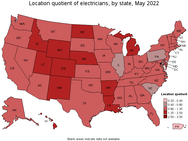 Map of location quotient of electricians by state, May 2022