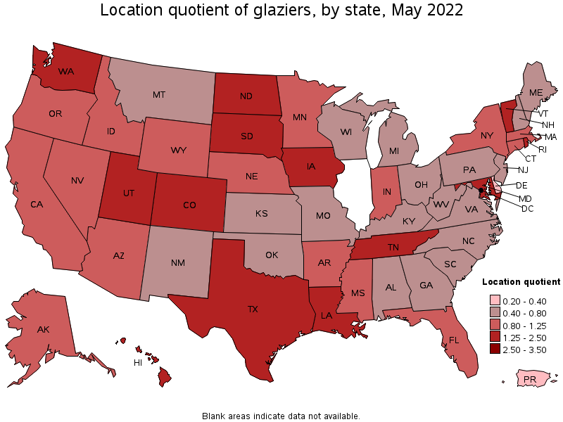 Map of location quotient of glaziers by state, May 2022