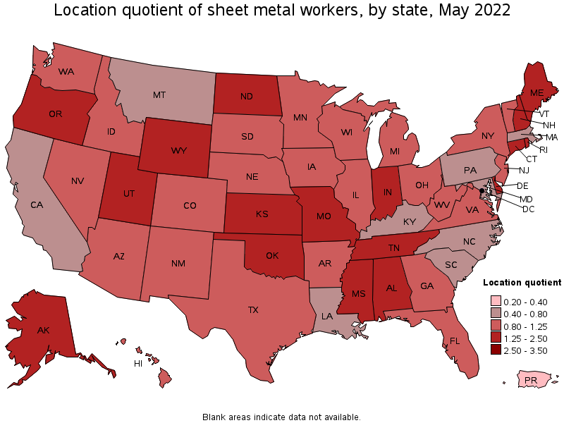 Map of location quotient of sheet metal workers by state, May 2022