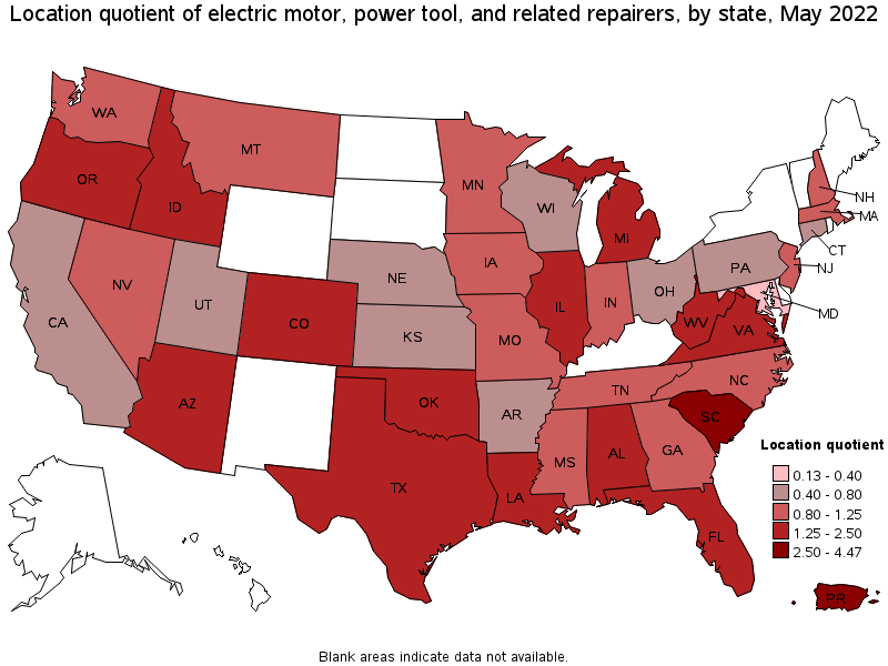 Map of location quotient of electric motor, power tool, and related repairers by state, May 2022