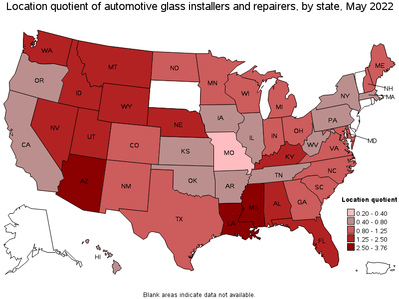 Map of location quotient of automotive glass installers and repairers by state, May 2022