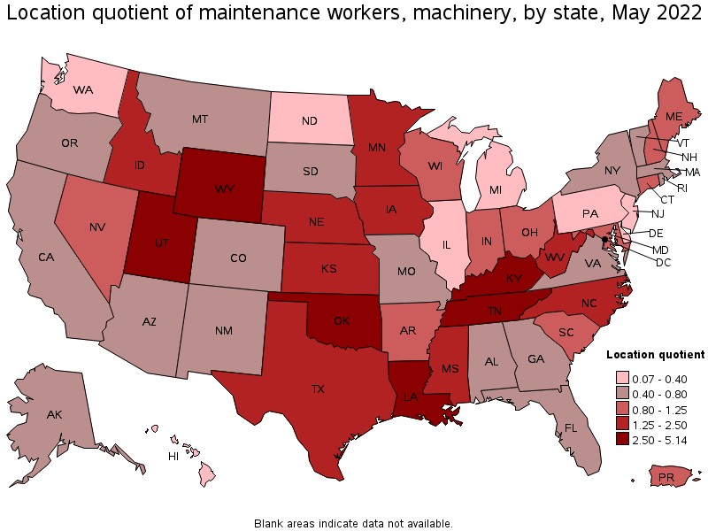 Map of location quotient of maintenance workers, machinery by state, May 2022
