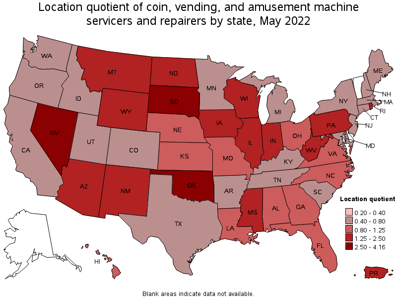Map of location quotient of coin, vending, and amusement machine servicers and repairers by state, May 2022