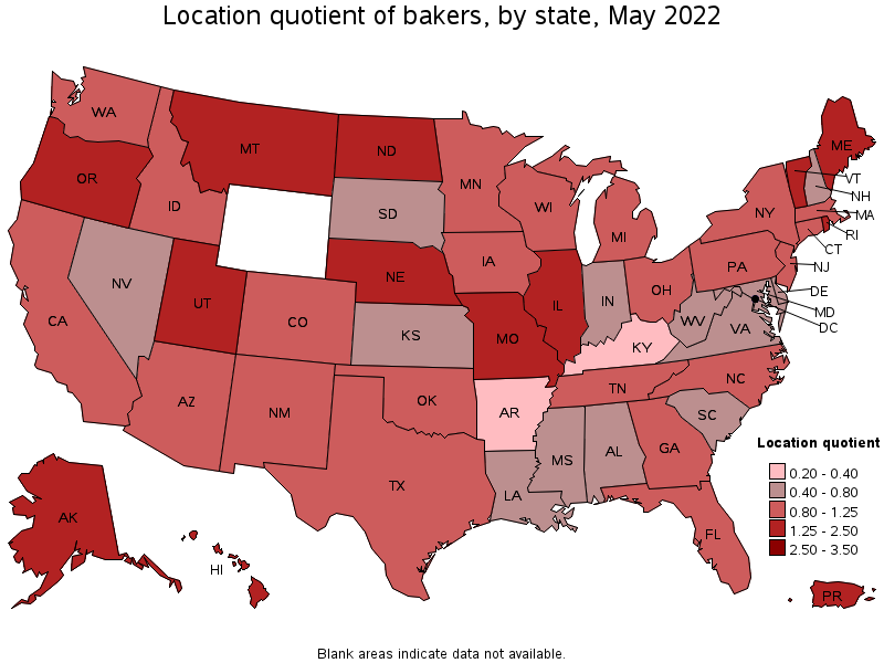 Map of location quotient of bakers by state, May 2022