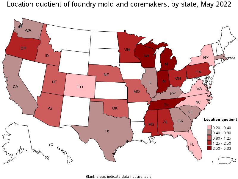 Map of location quotient of foundry mold and coremakers by state, May 2022