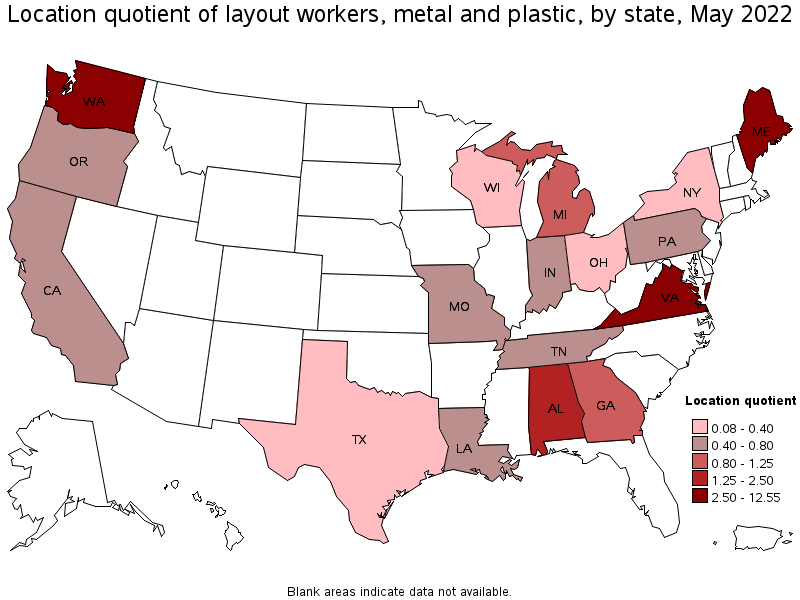 Map of location quotient of layout workers, metal and plastic by state, May 2022