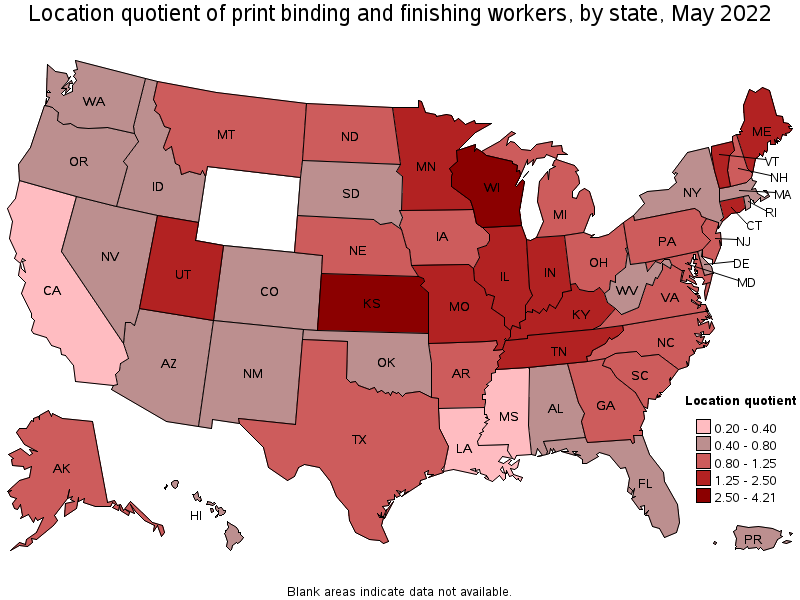 Map of location quotient of print binding and finishing workers by state, May 2022